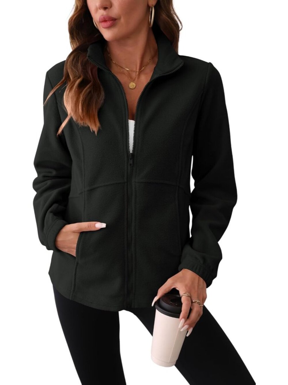 Women Black Fleece Stand Collar Elastic Cuff Long Sleeve Zip Up Winter Jacket